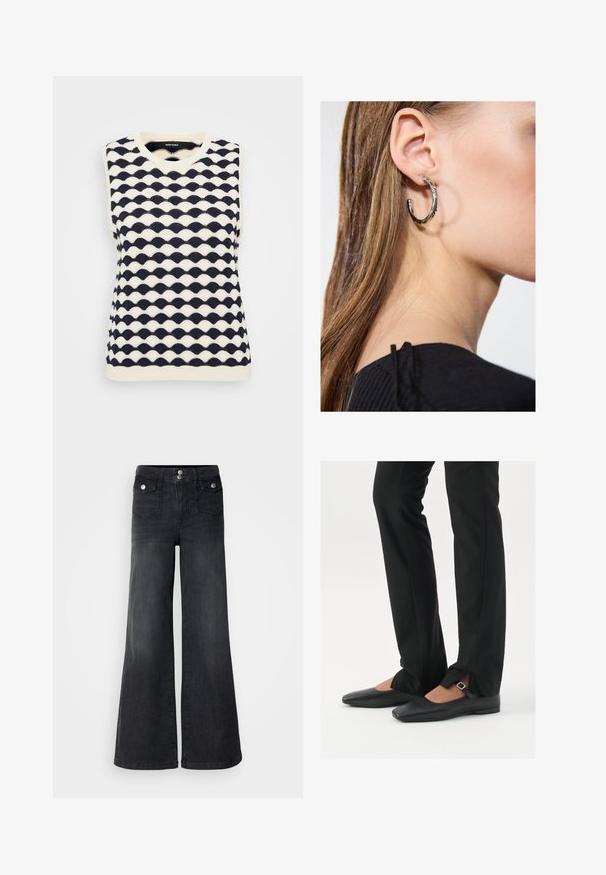 Jūras spēku un krēmkrāsas bez piedurknēm adīts džemperis ar viļņu rakstu, V veida dekoltē un ribotu apakšmalu. Izgatavots no mīksta, teksturēta auduma.; Melni džinsi ar plašu kāju dizainu, augstu jostasvietu, priekšējiem pogām un divām priekšējām kabatām; gluda tekstūra ar nelielu izbalēšanas efektu.; Melni ādas baleta zābaki ar smailo purngalu, siksniņa ar sudraba sprādzi, kombinēti ar melniem tailētiem biksēm ar šķēluma apakšdaļu.; Sudraba auskars ar pulētu apdari, ar maziem zelta akcentiem un apaļu formu, uz ausu ļipiņas.