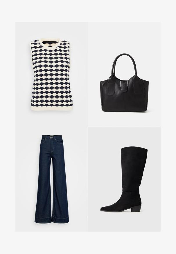 Tumesinine ja kreemjas värvitoonis ilma varrukateta kootud sveter, millel on lainekuju muster, V-kaelus ja soonikuline äär. Valmistatud pehmest, tekstureeritud kangast.; Tumedatest sinisest kõrge vöökoht ja laiad puusasid ulatuvad teksad, millel on ees taskud, vööloopide, nööbi kinni keeramine ja nähtav õmblus valgel taustal.; Must musta põlvekõrgune saabas, millel on madal plokkkonts ja terav nina, nähtav külgvaates heleda halli tausta ees.; Mustgamma nahast kott, millel on sile tekstuur, struktureeritud kuju, kaks käepidet ja esiküljel silmapaistev hõbedane pandla detail.