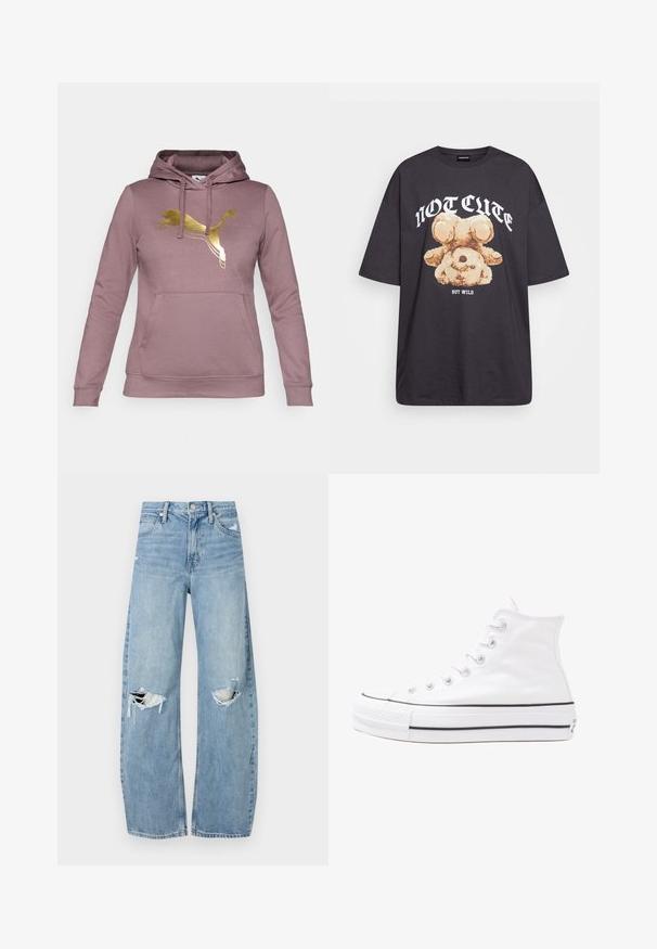 Hanorac roz din material moale, cu un logo auriu Puma pe piept, buzunar tip cangur și glugă ajustabilă cu șnur.; Tricou oversized negru featuring un grafic cu un urs și textul „NU E DRĂGUȚ DAR SUNT SĂLBATIC” în litere albe, îndrăznețe. Material din bumbac.; Jeans de denim, de un bleu deschis, cu talie înaltă. Au picioare late, două zone rupte la genunchi și un stil clasic cu cinci buzunare.; Adidași albi tip pantofi sport cu glezna din pânză, cu talpă din cauciuc negru, capac de vârf din cauciuc frontal și șase ochiuri pentru șireturi, având un design curat și minimalist.