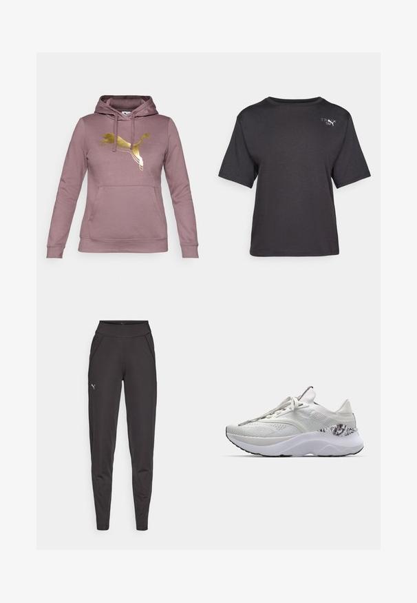 Rozā kapuču džemperis, izgatavots no mīksta auduma, ar zelta Puma logo uz krūtīm, kangaūru kabatu un regulējamu sašūtu kapuci.; Melnā īsās piedurknes t-krekls, izgatavots no mīkstas auduma, ar apaļu kakla izgriezumu un mazu logotipa detaļu kreisajā augšējā pusē.; Melni sporta legingi, izgatavoti no elastīgas auduma, ar augstu jostasvietu, sānu kabatām un mazu atstarojošu logotipu uz kreisā augšstilba.; Baltas sporta apavs ar teksturētu virsmu, noapaļotu purngalu un mīkstu zoli. Izceļas ar rakstainu akcentu tuvāk papēdim un taisnām auklām.