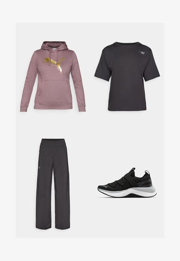 Felpa rosa realizzata in tessuto morbido, con logo Puma dorato sul petto, tasca a marsupio e cappuccio regolabile con cordoncino.; T-shirt nera a maniche corte realizzata in tessuto morbido, con scollatura rotonda e un piccolo logo sulla parte superiore sinistra.; Pantaloni sportivi neri con una cintura ampia, tasche laterali e cuciture piatte. Presentano un piccolo logo sulla gamba sinistra. Realizzati in un tessuto morbido ed elastico.; Scarpa sportiva nera con tomaia testurizzata, cinghie elastiche e una spessa suola intermedia bianca. Presenta un accento grigio lungo la suola.