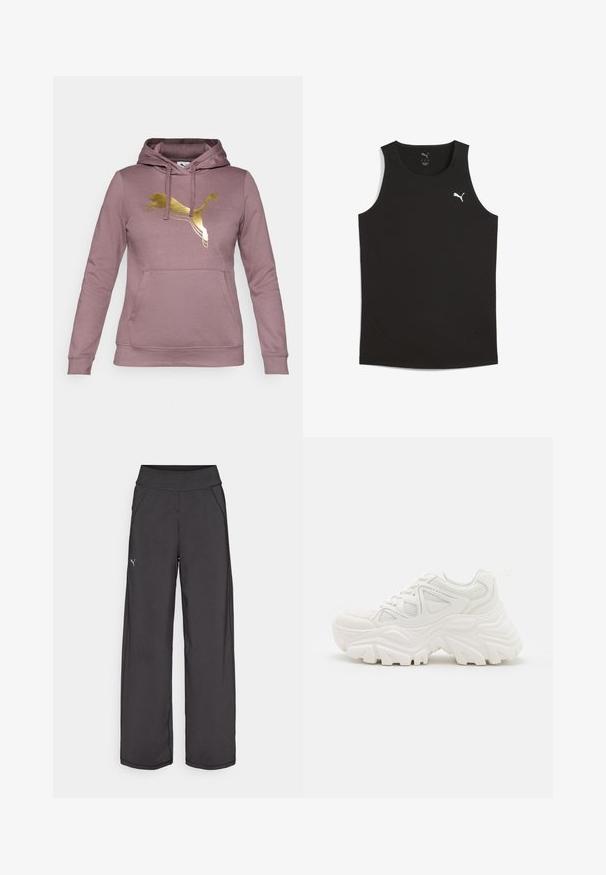 Růžová mikina vyrobená z měkké tkaniny, se zlatým logem Puma na hrudi, klokaní kapsou a nastavovací kapucí se šňůrkou.; Černý bezrukávový sportovní top vyrobený z hladké látky, se zakomponovaným bílým logem Puma a perforovanými detaily na bocích pro lepší prodyšnost.; Černé sportovní kalhoty s širokým pasem, bočními kapsami a plochými švy. Obsahují malé logo na levé nohavici. Vyrobeno z hladké, elastické tkaniny.; Bílé robustní tenisky s texturovaným svrškem, síťovinovými panely a silnými gumovými podrážkami s výrazným vzorem protiskluzu. Součástí jsou tkaničky a poutko.