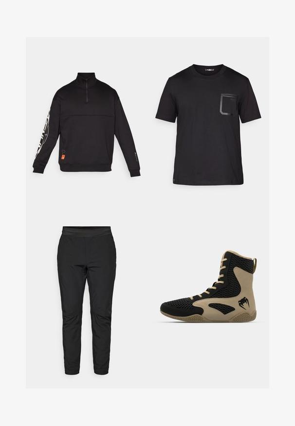 Juodas megztinis su aukštu apykakle, pusiau užtrauktuku ir ilgomis rankovėmis. Yra tekstūruotų panelių ir baltų grafinių dizainų ant rankovės.; Juodas trumpas rankovės marškinėliai, pagaminti iš medvilnės su subtilia tekstūra. Pirmame kišenėje yra stačiakampio formos dizainas ir logotipas.; Juodi tamprūs kelnės su prigludusia forma, elastinga juosta ir užtrauktuku uždaromomis kišenėmis. Lygi tekstūra su lengvu blizgesiu.; Aukštesni sportiniai batai, turintys juodą tinklinį paviršių su smėlio spalvos akcentais. Tekstūruota gumos pašiūrė ir logotipo detalė šonėje.