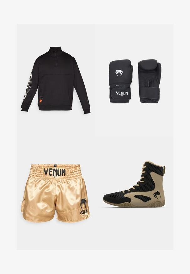 Maglione nero con collo alto, zip a metà e maniche lunghe. Presenta pannelli testurizzati e grafiche bianche sulle maniche.; Pantaloni da boxe in satin dorato con logo "VENUM" nero in vita e sui lati, caratterizzati da una texture liscia e una cintura elastica per il comfort.; Scarpa sportiva alta con esterno in rete nera e dettagli color beige. Suola in gomma testurizzata e logo sul lato.; Guanti da boxe neri con una superficie liscia, caratterizzati da un logo bianco di Venom e una fascia regolabile con velcro per una calzata sicura.