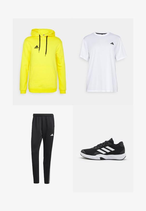 Sweat à capuche jaune avec une poche frontale, cordons noirs et un logo Adidas noir sur la zone du côté gauche de la poitrine. Matériau doux en polaire.; T-shirt de sport blanc à manches courtes, fabriqué en tissu évacuant l'humidité. Présente un logo noir sur la poitrine gauche et un col intérieur à motifs.; Pantalons de sport noirs avec une ceinture élastique, rayures latérales blanches et un petit logo blanc sur la cuisse. Fabriqués dans un matériau lisse et léger.; Baskets de sport noires avec une tige en mesh texturé, des rayures blanches, une semelle rembourrée et un talon renforcé pour le soutien.