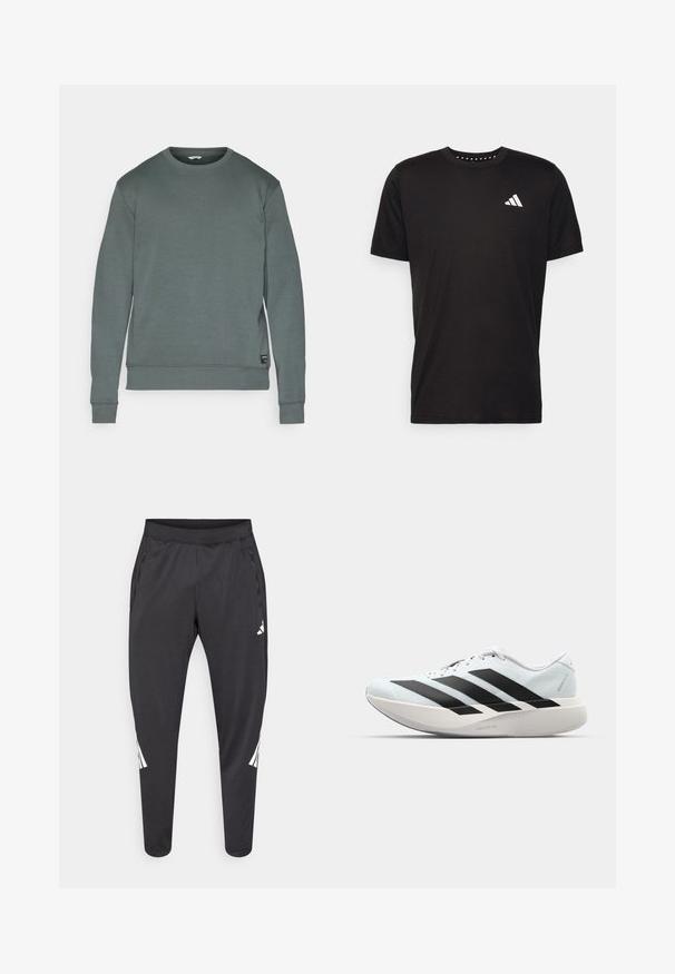 Green sweatshirt made of cotton blend, featuring a round neck, long sleeves, ribbed cuffs and hem, with a small logo tag at the bottom left.; Black cotton t-shirt with short sleeves, crew neckline, and a white logo on the left chest. Smooth texture and simple design.; Black athletic pants with tapered legs, elastic waistband, side pockets, and white logo and stripes detailing. Made from a smooth, lightweight material.; Lightweight running shoes in pale blue with black stripes. Features a smooth upper, round toe, and thick white midsole labeled "LIGHTSTRIKE PRO."