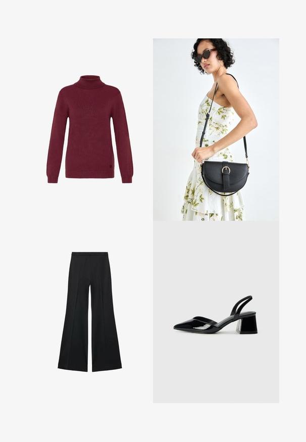 Bordo pulover s visokim ovratnikom od rebrastog pletiva, s dugim rukavima i prilagođenim manžetama, s kružnim logotipom na rubu.; Crne široke hlače s glatkom teksturom, koje imaju prednje nabore i kroj po mjeri. Tkanina je lagana i lepršava.; Crne lakirane kožne sandale s otvorenom petom i špicastim vrhom, s geometrijskom blok petom. Imaju elegantan, minimalistički dizajn i glatku teksturu.; Crna kožna torba s lukovitim oblikom, odvojivim remenom i zlatnim detaljima. Torba ima preklop s kopčom.
