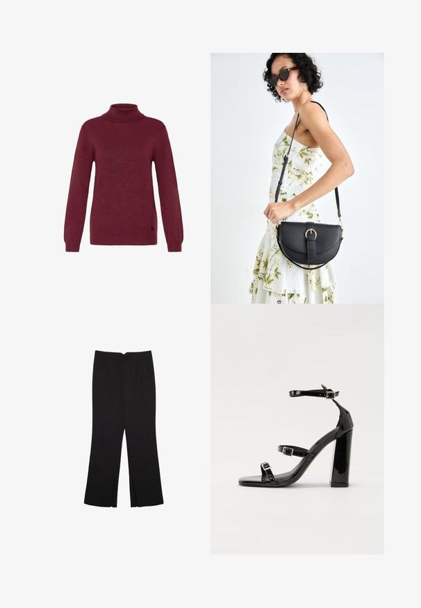 Bordeaux turtleneck sweater van geribd breiwerk, met lange mouwen en aansluitende boorden, met een cirkelvormige logo-accent aan de zoom.; Zwarte broek met een rechte pasvorm, voorzien van zijzakken en plooien aan de onderzijde. Gemaakt van zachte, gladde stof. Geschikt voor verschillende gelegenheden.; Zwarte gepatenteerde sandalen met hak en een vierkante neus, enkelbandjes en zilveren gespen. Heeft een stevige blokhak voor stabiliteit.; Zwarte leren handtas met een gebogen vorm, afneembare schouderband en gouden hardware. De tas heeft een klep met een gespsluiting.