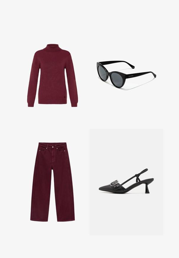 Burgunderfarbener Rollkragenpullover aus geripptem Strickstoff, mit langen Ärmeln und engen Bündchen, sowie einem runden Logoakzent am Saum.; Burgunderfarbene Schlagjeans aus Baumwoll-Denim, mit einem Vier-Taschen-Design und metallischem Knopfverschluss mit passender Naht.; Simmi London DALA - Pumps - black; Sonnenbrille im Cat-Eye-Stil mit schwarzen Kunststoffrahmen, grauen getönten Gläsern und glatter Oberfläche. Mit Logo am linken Bügel und gebogenen Schenkeln.; Schwarze Lederhandtasche mit geschwungenem Design, Beschlägen in Goldfarbe und einem oberen Griff. Verfügt über einen eleganten Verschluss und eine glatte Textur.