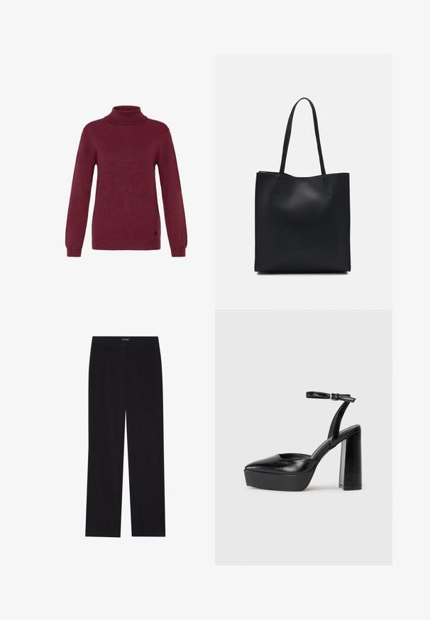 Burgundijas turtlenecks džemperis, izgatavots no ribota adījuma auduma, ar garām piedurknēm un pieguļošiem aprocēm, ar apļa logo akcentu apakšmalā.; Melni korduroja bikses ar taisnu piegriezumu, ar plakanu jostasvietu un bez redzamām kabatām, gluda tekstūra un vertikālas ribas detaļa.; Melnas platformas papēžs ar norādītu purngala formu un regulējamu potītes siksniņu. Izgatavotas no gludas ādas, ar masīvu bloku papēdi.; Melnas ādas somiņa ar gludu tekstūru, taisnstūra formu un divām garām rokturiem. Nav redzamu aparatūras vai rotājumu.