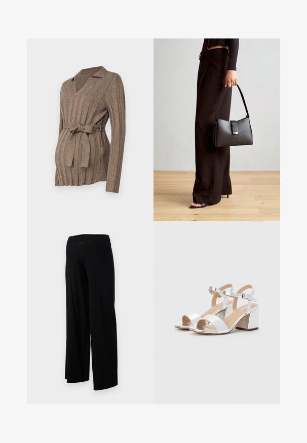 Barna bordázott kismama pulóver V nyakkivágással, hosszú ujjakkal és megkötős övvel, puha kötött anyagból készült. A textúrája sima.; Fekete, bőszárú nadrág, rugalmas derékkal és sima, rugalmas textúrával. Egyszerű dizájnnal rendelkezik, minták vagy díszítések nélkül.; Ezüst, nyitott orrú, magas sarkú szandálok, két széles pánttal és lekerekített tömbsarkúval. Simának tűnő, fényes felület.; Fekete kézi táska strukturált formával, sima textúrával és fémből készült záródással. Széles fekete nadrággal és nyitott orrú szandállal párosítva, fából készült padlón.