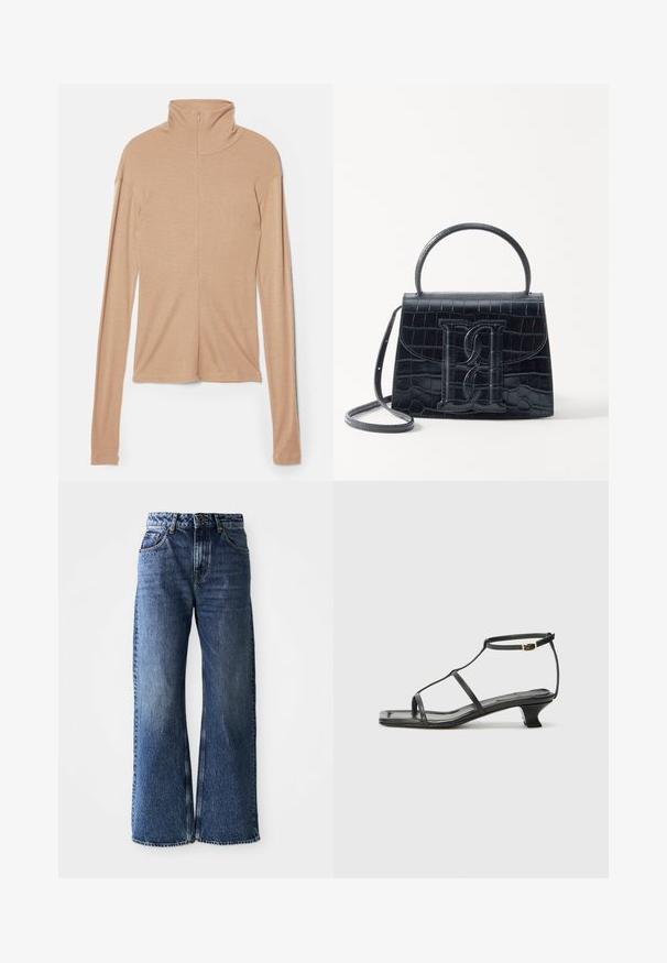 Vaaleanbeige pitkähihaisessa paidassa on korkeampi kaulus ja takana vetoketju, se on valmistettu pehmeästä ja sileästä kankaasta; siinä on muotoiltu malli ja suora helma.; Laivansiniset leveät farkut korkealla vyötäröllä. Ominaisuuksiin kuuluvat klassinen viisi-taskuinen muotoilu, kontrastiväriset saumat ja hieman kulunut viimeistely.; Musta nahkasaapas, jossa on neliön muotoinen kärki, ohuet hihnat, säädettävä nilkkahihna ja matala korko. Hihnassa on pieni kultainen yksityiskohta.; Musta krokotiilivoimalla painettu nahkakäsilaukku, jossa on jämäkkä muotoilu, yläkahva, säädettävä hihna ja erottuva etuosan logoyksityiskohta.