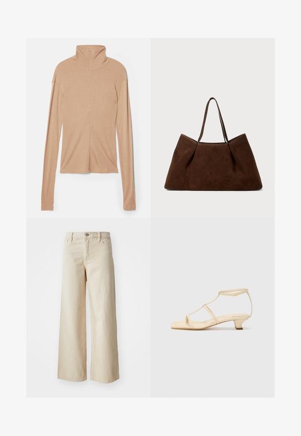 Light beige long-sleeve top with high collar and a back zip, made of a soft, smooth fabric; features a fitted design and straight hem.; Beige wide-leg jeans made of denim, featuring a high waist, button closure, belt loops, and side pockets. Smooth texture and relaxed fit.; Beige heeled sandals with a T-strap design, square toe, adjustable ankle strap, and a low, block heel. Smooth leather material.; Brown suede tote bag with two shoulder straps, a spacious rectangular shape, and minimalistic design. Soft texture with a smooth finish.