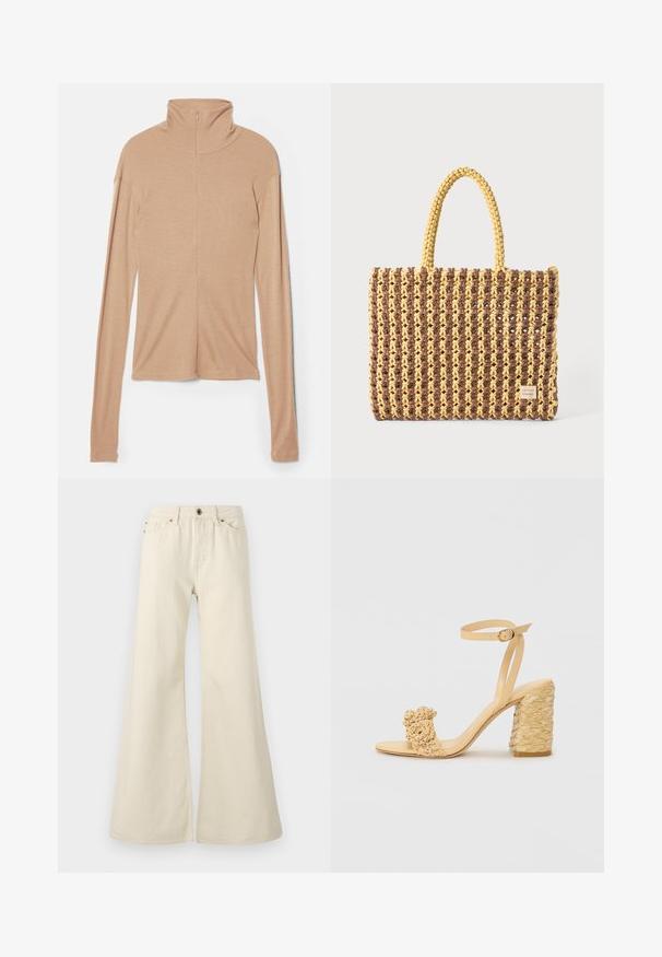 Lichtbeige langekleurige top met hoge kraag en een rits aan de achterkant, gemaakt van een zachte, gladde stof; heeft een aangesloten pasvorm en een rechte zoom.; Lichtbeige flared jeans van katoen. Heeft een hoge taille, vijf zakken en een knoopsluiting met contrasterende stikdetails.; Beige hoge hak sandaal met een gevlochten textuur, voorzien van een decoratieve bloem en enkelbandje. Vierkante hak zorgt voor stabiliteit.; Geweven tas in bruin en geel, met een rechthoekige vorm, twee handvatten en een textuurafwerking met zichtbare stiksels en een merketiket.