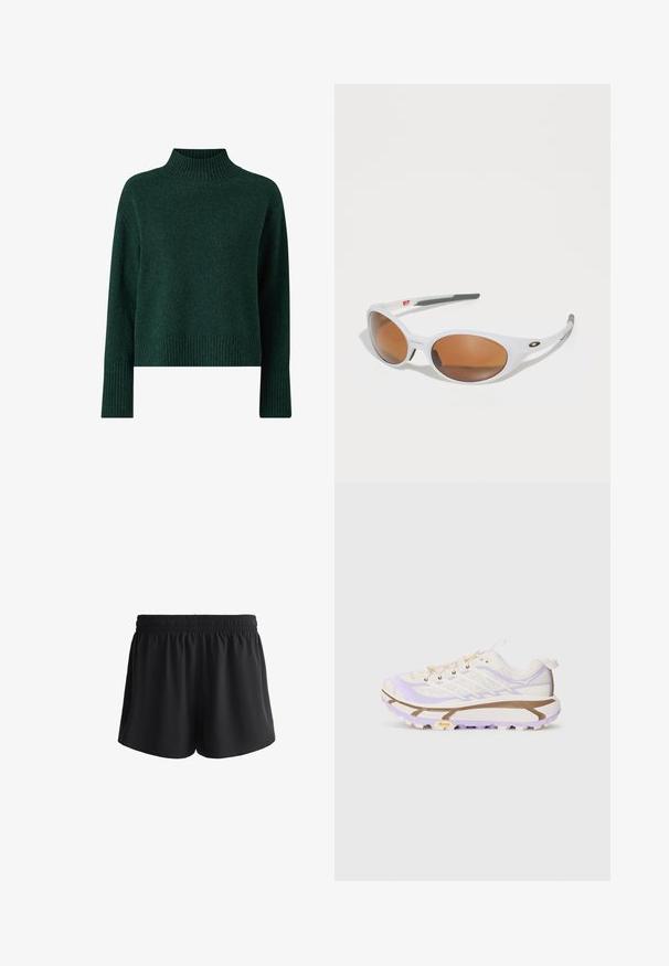 Ellos Collection - Sweter; Czarne spodenki sportowe z elastycznym pasem, miękkiego materiału, o luźnym kroju, z kieszeniami bocznymi i gładkimi krawędziami.; Lekkie buty biegowe z kremową i lawendową siateczką, wzmocnioną gumową podeszwą oraz charakterystycznymi rowkami zapewniającymi przyczepność.; Białe okulary przeciwsłoneczne z brązowymi soczewkami, owalny kształt, wykonane z gładkiego plastiku, z szarymi akcentami na zausznikach i logo na oprawce.; Klättermusen UNISEX beżowy