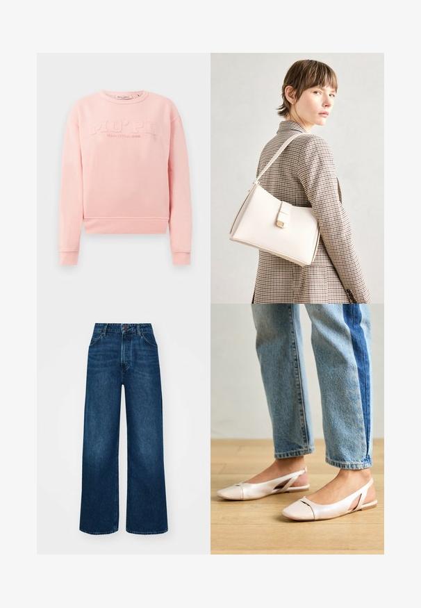 Rozā sporta krekls, kas izgatavots no mīksta auduma, ar ribotām piedurknēm un apakšmalu. Priekšpusē ir reljefais uzraksts "MO'PD Marc O'Polo DENIM."; Augsti vidukļa, plata kāju džinsi tumši zilā denima ar gludu tekstūru, kontrastējošu šuvju un piecu kabatu dizainu. Priekšpuses pogu aizdare.; Bālti rozā siksniņu dzīvokļi ar smailu purngalu, izgatavoti no gludas ādas līdzīgās materiāla. Iezīmē izgriezumu detaļas sānos un platu papēdi.; Balta ādas rokassoma ar strukturētu dizainu, kurai ir magnētiska aizdare un plecu josta, parādīta uz neitrāla fona.