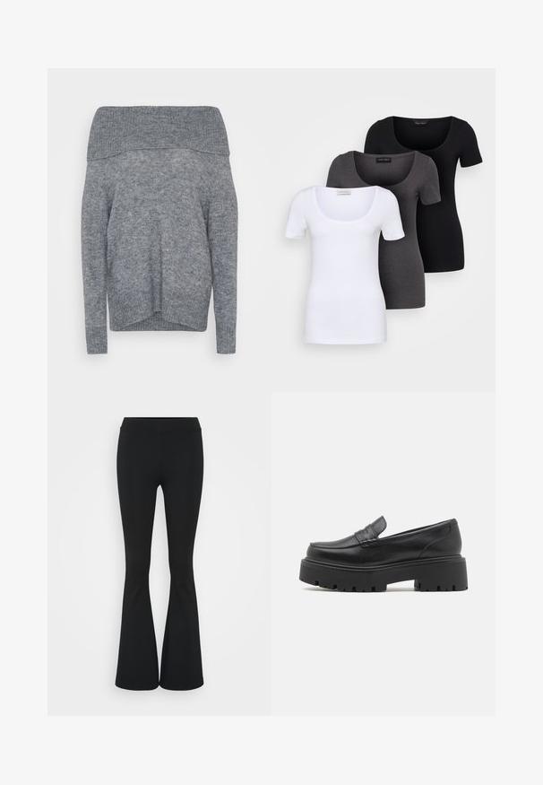 Pulover gri cu umerii goi, textura moale, mâneci lungi, tiv și decolteu riglate, design casual, croială ușor lejeră, stil minimalist.; Trei tricouri ajustate, în alb, gri și negru. Fiecare are un decolteu larg în formă de cerc și mâneci scurte. Fabricate dintr-un material neted și elastic.; Pantaloni negrii evazați dintr-un material elastic, având un talie înaltă și o textură netedă. Pantalonii se lărgesc de la genunchi.; Loaferi negri din piele cu o talpă din cauciuc joasă și groasă, detalii cusute pe partea superioară și o textură netedă.