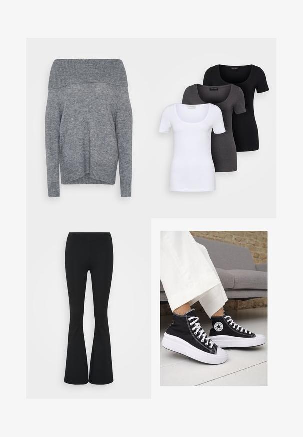 Pilkas off-the-shoulder megztinis, minkšta tekstūra, ilgos rankovės, raukšlėtas apatinis kraštas ir kaklo išpjova, kasdienis dizainas, šiek tiek laisvas kirpimas, minimalistiškas stilius.; Trys priderinti marškiniai: balti, pilki ir juodi. Kiekvienas turi plačią apvalią iškirptę ir trumpas rankoves. Pagaminti iš lygaus, tamprių audinio.; Juodai platėjantys kelnių, pagamintų iš tamprių medžiagų, kurie turi aukštą juosmenį ir lygią tekstūrą. Kelnės platėja nuo kelio.; Juodi kanvasiniai aukšti sportbačiai su baltais guminiais padu ir raišteliais. Šonuose yra apskritas logotipas ir ryški balta siūlė.