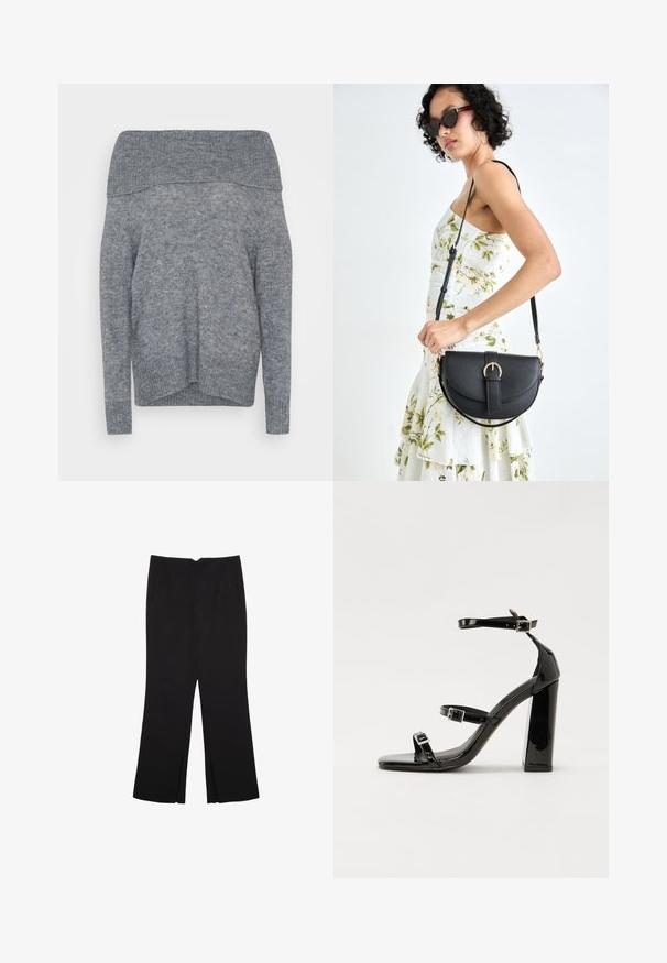 Grauer Off-Shoulder-Pullover, weiche Textur, lange Ärmel, gerippter Saum und Ausschnitt, lässiges Design, leicht lockere Passform, minimalistischer Stil.; Schwarze Hose mit geradem Schnitt, ausgestattet mit Fronttaschen und Seitenschlitzen am Saum. Hergestellt aus weichem, glattem Stoff. Geeignet für verschiedene Anlässe.; Schwarze patentierte Sandalen mit Absatz, quadratischer Spitze, Knöchelriemen und silbernen Schnallen. Mit einem stabilen Blockabsatz für mehr Stabilität.; Schwarze Lederhandtasche mit geschwungener Form, abnehmbarem Tragegurt und goldenen Beschlägen. Die Tasche verfügt über einen Deckel mit einer Schnallen-Details.
