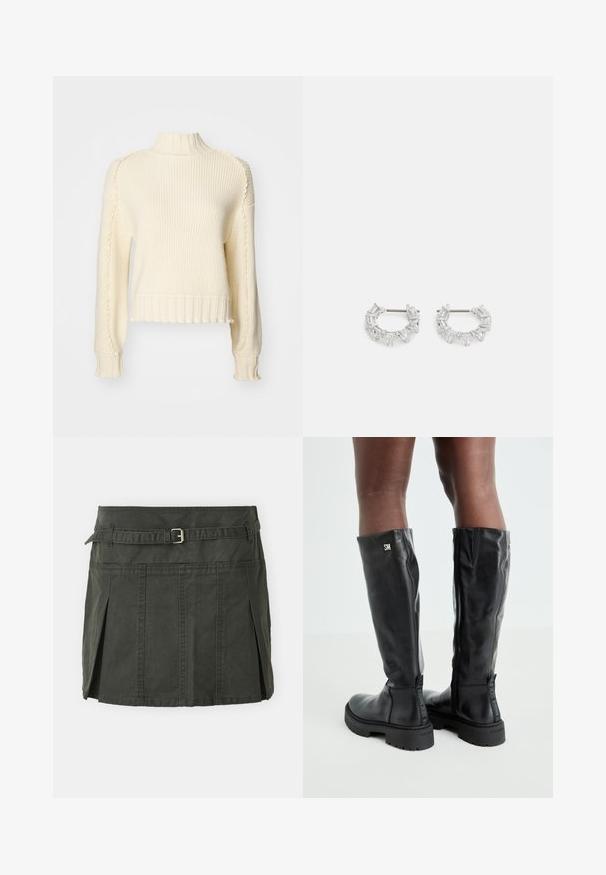 Pulover ribbed de culoare crem, cu guler înalt, mâneci lungi și detalii ondulate de-a lungul cusăturilor și tivului. Finisaj cu textură.; Fustă mini de bumbac, verde închis, cu talie ajustată, curea și plisse frontale. Prezintă detalii de cusătură și o croială clasică.; Cizme negre din piele, până la genunchi, cu o textură netedă, vârf rotund, talpă masivă și închidere cu fermoar. Prezintă un logo argintiu pe lateral.; Cercei argintii în formă de cerc, pe care sunt așezate cristale clare, rectangulare și triangulară, dispuse într-un design patterned. Acestora le sunt atașate piese pentru o fixare sigură.