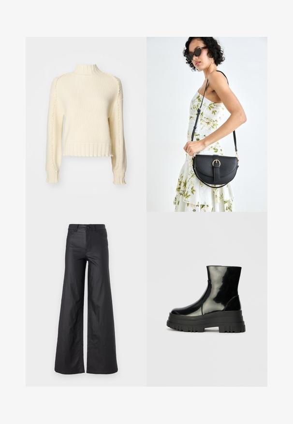 Cremfarbener, gerippter Pullover mit hohem Kragen, langen Ärmeln und gewellten Details entlang der Nähte und des Saums. Strukturiert verarbeitetes Gewebe.; Schwarze, weit geschnittene Hose aus einem Kunstledermaterial. Mit hoher Taille, Gürtelschlaufen, zwei Fronttaschen und genähten Details.; Schwarze, glänzende Knöchelstiefel mit dickem Profilsohle und abgerundeter Zehenform, Seitenansicht vor einem schlichten, hellgrauen Hintergrund.; Schwarze Lederhandtasche mit geschwungener Form, abnehmbarem Tragegurt und goldenen Beschlägen. Die Tasche verfügt über einen Deckel mit einer Schnallen-Details.