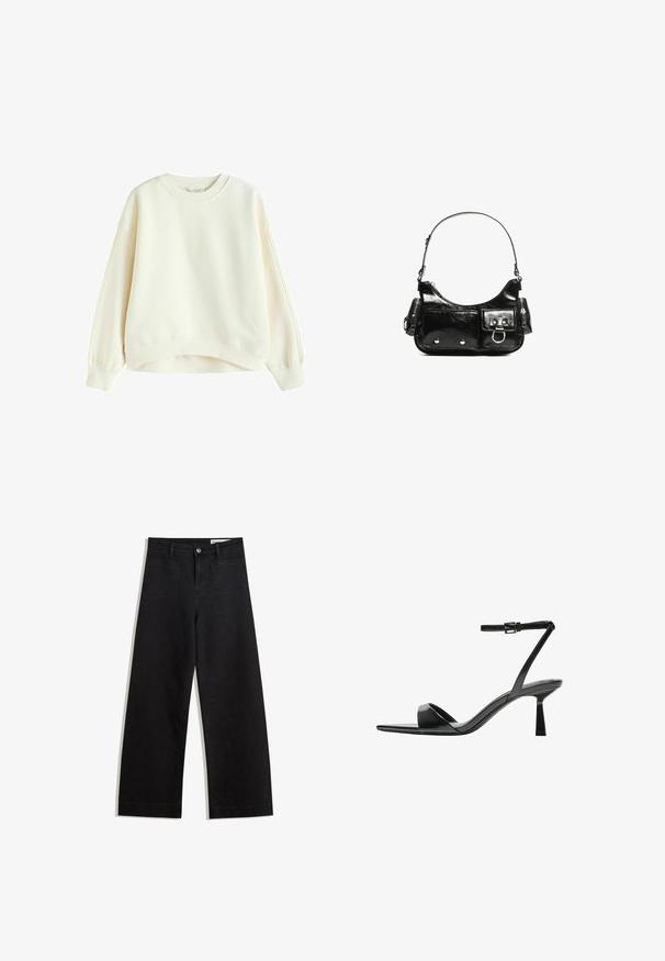 Next CONTEMPORARY CREW NECK - Sweatshirt - ecru white; Schwarze weit geschnittene Jeans mit hoher Taille, ausgestattet mit Vorder- und Hintertaschen, gesteppten Nähten und einem Knopfverschluss. Glatte Textur.; Bershka High Heel Sandalette - black; Schwarze Lackleder-Handtasche mit geschwungenem Design, einem Schulterriemen, Vordertaschen und silberfarbenen Hardware-Akzenten.