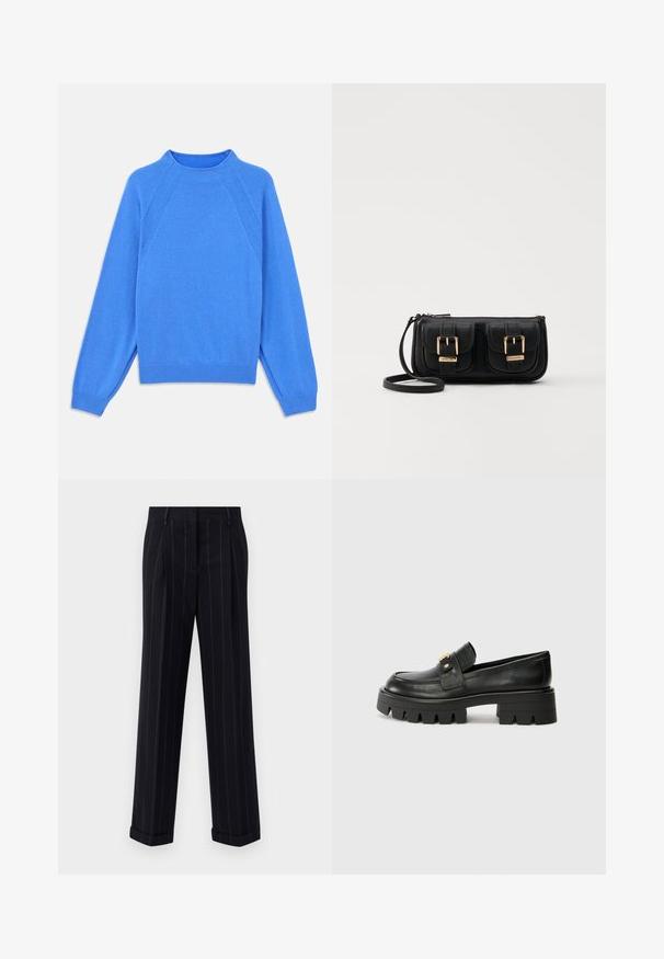 Kék kötött pulóver magas nyakkal, raglán ujjakkal és bordázott mandzsettákkal. Simább textúrájú és egységes színű, látható minták vagy kiegészítők nélkül.; Fekete csíkos nadrág, testre szabott fazonnal, cuffolt szegéllyel és elülső redőkkel. Sima anyagból készült, strukturált kialakítással.; Fekete bőr loaferek masszív talppal, elöl arany színű díszítéssel és sima felülettel. A talpon vastag mintázat található.; Fekete bőr keresztbody táska két elülső zsebbel, arany csattokkal, cipzáras záródással és vékony pánttal. Textúrált felület és kompakt téglalap alak.