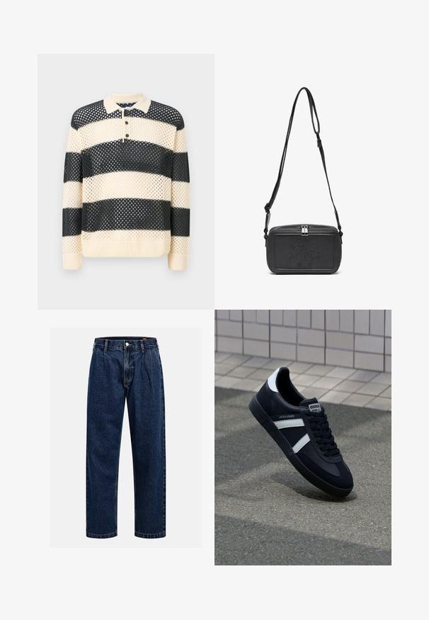 Adīts pulovers ar maiņojošām lielām tumši zilām un krēmkrāsas svītrām, polo tipa apkakli un trīs pogu aizdari. Tekstūras sieta audums.; Tumši zilie džinsu bikses ar taisna kāju dizainu. Iezīmējas redzamas šuves, pogu aizdare un priekšējie gurni papildu detaļām.; Melnā ādas sporta apavi ar baltām svītrām, teksturēta gumijas zole un auklu aizdare. Iekļauj zīmola etiķeti uz mēles.; Melna ādas soma uz pleca ar zīmolu, slēdzamu rāvējslēdzēju un regulējamu siksnu. Gluda tekstūra un taisnstūru forma.