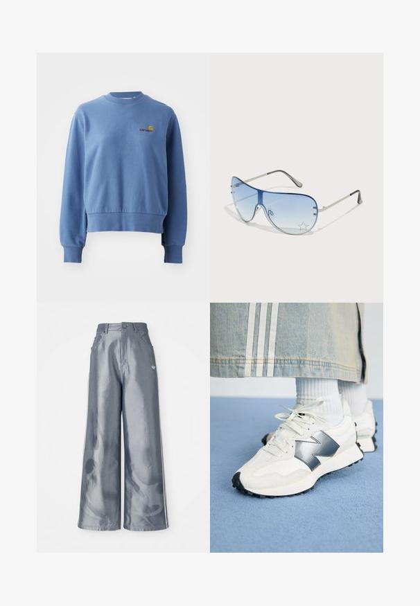Blauwe katoenen sweatshirt met ribgebreide manchetten en onderrand. Voorzien van een klein geborduurd logo op de borst. Ronde halslijn, casual pasvorm.; Zijde-brede broek van glanzend grijs materiaal, met witte zijstreep en een vlampatroon op de onderbenen. Knopen- en ritssluiting in de taille.; Witte sport sneakers met een zilveren accent, textiel en glad leer; met een zwarte rubberen zool en veters.; Aviator zonnebril met een gradient blauwe lens, zilveren metalen frame en decoratieve sterrenaccenten op de lens. Glad en strak ontwerp.