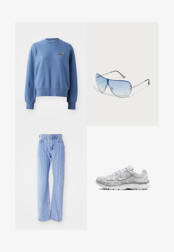 Kék pamut pulóver, bordás mandzsettákkal és alsó résszel. Kicsi hímzett logó található a mellrészen. Kerek nyakú, laza fit.; Világoskék farmernadrág függőleges fehér csíkokkal, magas derék, laza fazon, öt zseb és gombos záródás.; Világosszürke sportcipők, hálós és szintetikus felső résszel, fűzős zárással, párnázott bokával és texturált talppal a tapadás érdekében.; Pilóta napszemüveg, melynek áttetsző kék lencséje, ezüst fém kerete és díszes csillag díszítések találhatók a lencsén. Simogató és elegáns dizájn.