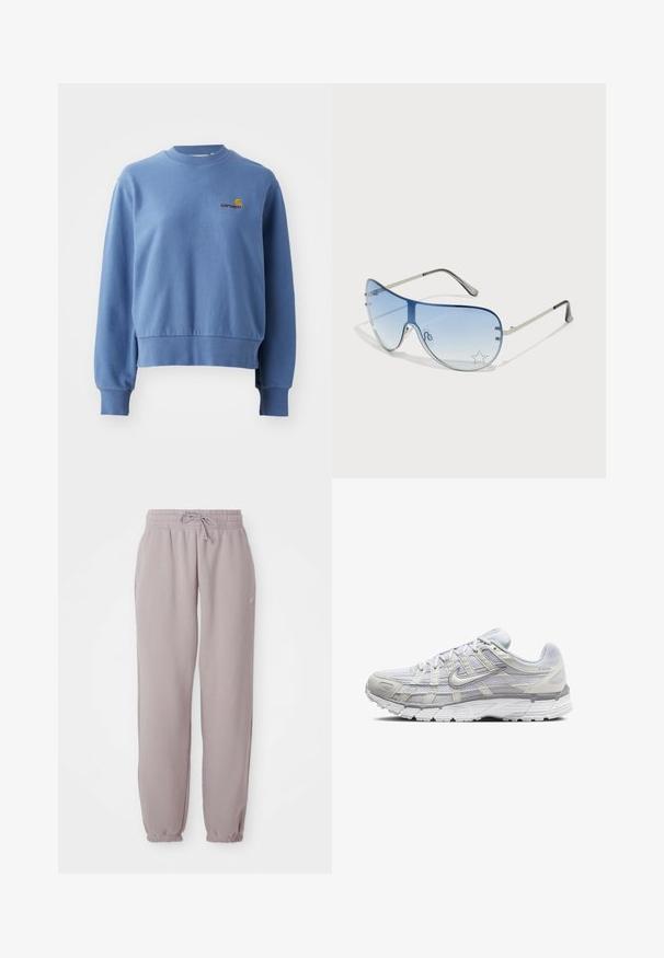Kék pamut pulóver, bordás mandzsettákkal és alsó résszel. Kicsi hímzett logó található a mellrészen. Kerek nyakú, laza fit.; Világos mauve színű bolyhos melegítőnadrág, rugalmas derékpánttal, zsinórral, oldalsó zsebekkel és rugalmas mandzsettákkal, fehér háttér előtt laposan elhelyezve.; Világosszürke sportcipők, hálós és szintetikus felső résszel, fűzős zárással, párnázott bokával és texturált talppal a tapadás érdekében.; Pilóta napszemüveg, melynek áttetsző kék lencséje, ezüst fém kerete és díszes csillag díszítések találhatók a lencsén. Simogató és elegáns dizájn.
