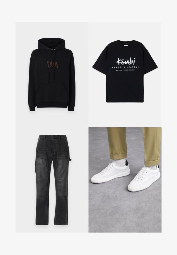 Felpa nera in cotone, con tasca a marsupio, cappuccio con cordino e logo ricamato di colore contrastante sul davanti.; T-shirt di cotone nero con una vestibilità rilassata. Presenta testo grafico bianco "ksubi" e "MADE IN HEAVEN" con nomi di città sottostanti. Design classico con scollo a girocollo.; Pantaloni in denim nero con accenti in pannelli di pelle nera a contrasto, design a gamba dritta e dettagli in leggero effetto usurato sulla stoffa.; Sneaker bianchi con finitura in pelle testurizzata, punta arrotondata e accentuazione nera sul tallone. Suola in gomma con piccolo motivo di battistrada e dettagli cuciti.