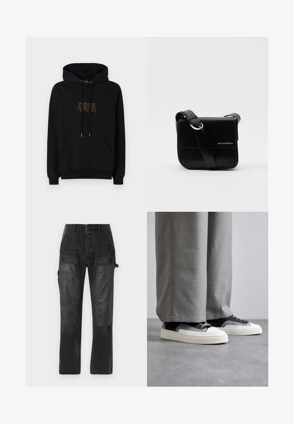 Melnā hoodie, kas izgatavota no kokvilnas, ar kangaroo kabatu, auklu kapuci un izšūtu logo kontrastējošā krāsā priekšā.; Melna džinsu bikses ar kontrastējošiem melniem ādas paneļiem, taisna kāju dizains un smalki nolietotas detaļas audumā.; Filling Pieces RIVIERA - Treniņu apavi - grey; WANT Les Essentiels ARCH CROSSBODY UNISEX - Plecu soma - black
