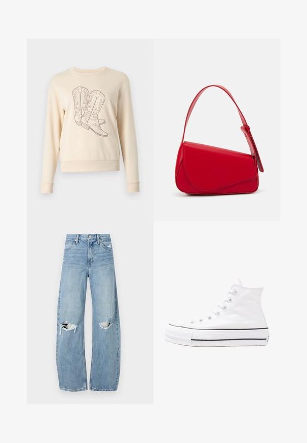 JDY JDYPARIS EMB NOOS - Sweater - whitecap gray; Lichtblauwe, hooggeritste jeans van denim. Beschikken over wijde pijpen, twee gescheurde knievalken en klassieke vijfzakken styling.; Witte high-top canvas sneakers met een zwarte rubberen zool, een rubberen neuskap aan de voorkant en zes gaatjes voor veters, met een schone, minimalistische uitstraling.; Rode leren handtas met een hoekig, geometrisch ontwerp. Beschikt over een enkele verstelbare schouderriem en een klepclosure met gestikte details.