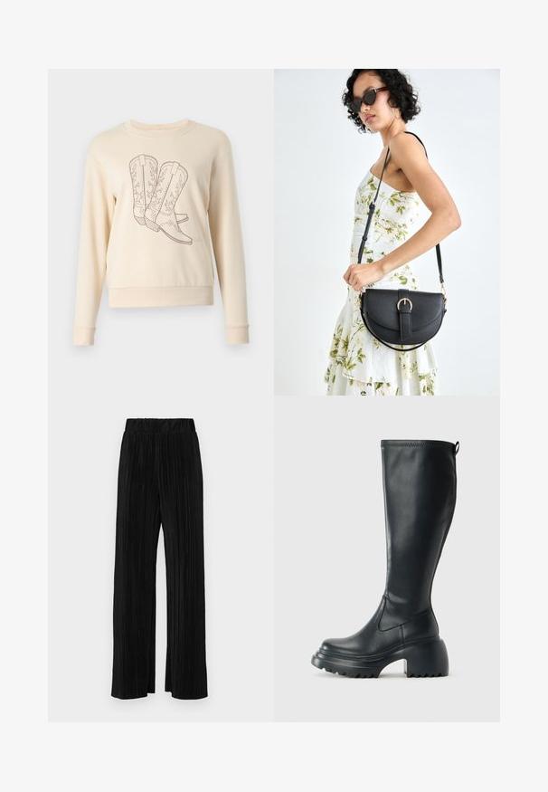 JDY JDYPARIS EMB NOOS - Felpa - whitecap gray; Pantaloni neri a plissé con vita elasticizzata. Presentano gamba ampia e un tessuto liscio e texture con strisce verticali.; Stivale lungo in pelle nera con suola piatta robusta e tacco a blocco, dotato di linguetta e battistrada testurizzato sulla suola.; Borsa a tracolla nera in pelle con una forma curva, manico rimovibile e accessori dorati. La borsa presenta una patta con un dettaglio a fibbia.
