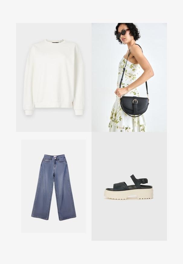 Felpa bianca con scollatura tonda, spalle basse e polsini elasticizzati, realizzata in tessuto morbido e leggero con una superficie liscia.; Jeans in denim a gamba ampia di un blu chiaro, caratterizzati da una vita alta, tasche frontali e una chiusura con bottone e passanti per cintura.; Sandali platform in suede neri con una robusta suola bianca, ampia fascia frontale e fibbia regolabile alla caviglia. Suola testurizzata per una migliore aderenza.; Borsa a tracolla nera in pelle con una forma curva, manico rimovibile e accessori dorati. La borsa presenta una patta con un dettaglio a fibbia.