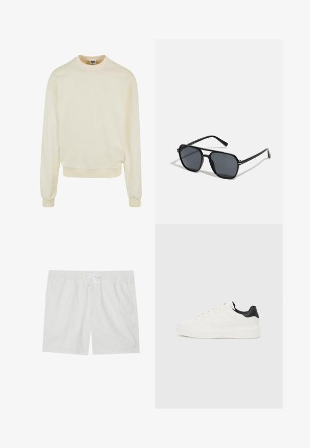 Crème-kleurige sweatshirt gemaakt van zachte stof, met een ronde hals, lange mouwen en ribgebreide boorden en zoom. Geen patronen of graphics.; Witte katoenen shorts met een elastische tailleband en trekkoord, voorzien van twee zijzakken en strakke lijnen, die een eenvoudig ontwerp bieden.; Witte leren sneaker met een reliëfpatroon, textuur van de witte tussenzool en een zwarte hielaccent. Heeft een ronde neus en platte veters.; Zwarte zonnebril met een octagonaal frame, donkere lenzen, glanzende afwerking, dunne tempels en gouden accenten aan de voorkant.