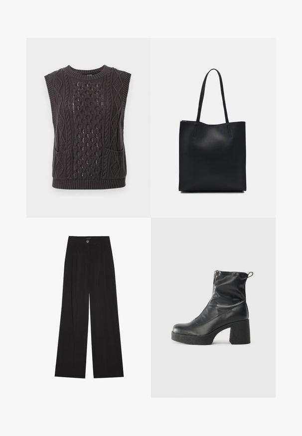 Sötét szürke kötött ujjatlan pulóver bonyolult kábelmintázattal, textúrált anyagból, kerek nyakkal és két elülső zsebbel.; Fekete, bő szabású nadrág, plissékkel, gombos záródással és két oldalzsebbel; sima textúrájú, szabott kialakítással.; Fekete bokacsizmák sima bőrből, oldalsó cipzárral, vastag, texturált sarkú és lekerekített orrú dizájnnal.; Fekete bőrtáska sima felszínnel, téglalap alakú, két hosszú füllel. Nincs látható fémkiegészítő vagy díszítés.