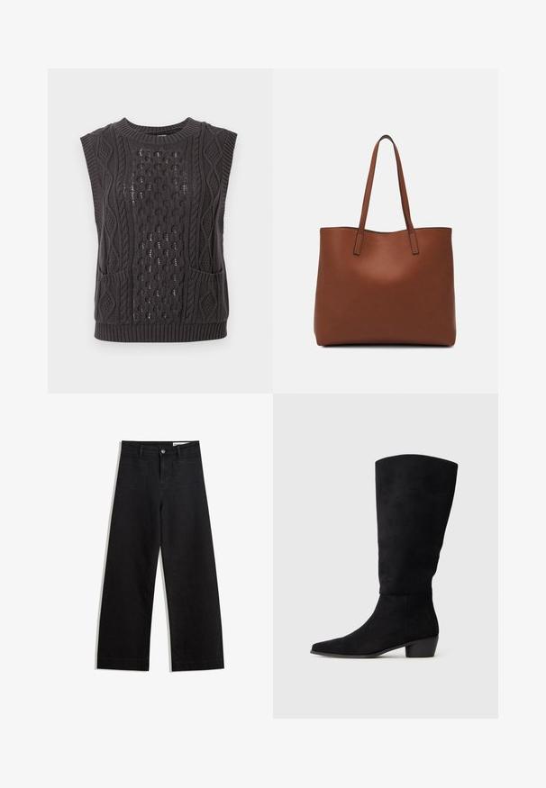 Ciemnoszary dzianinowy bezrękawnik z misternymi wzorami w warkocze, teksturowana tkanina, okrągły dekolt i dwie przednie kieszenie.; Czarne dżinsowe spodnie o szerokich nogawkach i wysokim stanie, z przednimi i tylnymi kieszeniami, przeszyciami oraz zapięciem na guziki. Gładka struktura.; Czarne zamszowe muszki do kolan z niskim obcasem blokowym i spiczastym noskiem, zaprezentowane w widoku bocznym na jednolitym jasnoszarym tle.; Brązowa skórzana torba tote o gładkiej fakturze, z otwartym wierzchem i dwoma ramiączkami. Charakteryzuje się minimalnym przeszyciem i brakiem widocznych elementów metalowych.
