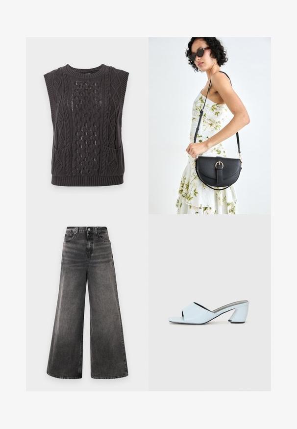 Tamsiai pilkas megztinis be rankovių su sudėtingais susuktais raštais, tekstūruota medžiaga, apvalus kaklas ir dvi priekinės kišenės.; Plačios juodos džinsinės kelnės su blukinta danga, penkių kišenių dizainu ir mygtuko užsegimu juosmens srityje, su pasiūtais akcentais.; Šviesiai mėlynos atvirų pirštų kulno mules su geometriniu dizainu, turinčios plačią juostą per pėdą ir stambų, kampuotą kulną.; Juodas odinis krepšys su išlenkta forma, nuimamu dirželiu ir auksiniais detalėmis. Krepšys turi kilpą su sagtimi.