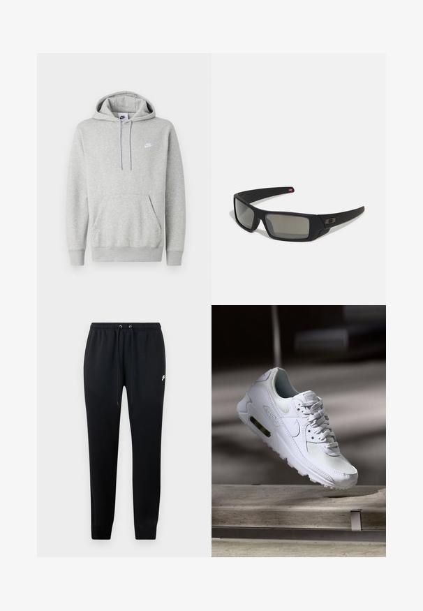 Gaiši pelēks kapučjakas džemperis no mīksta auduma, ar ķengura kabatu, regulējamu kapuci un mazu balto logo uz krūtīm.; Melni sporta bikses, kas izgatavotas no mīksta auduma, ar elastīgu jostu un auklām, nofiksētām potītēm un mazu logo detaļu sānos.; Baltas Nike Air Max 90 sporta apavi ar sietu un ādas augšdaļu, caurspīdīgu pirksta daļu un redzamu gaisa vienību papēdī.; Melni saulesbrilles ar matētu apdari, taisnstūra lēcām, nedaudz izliektiem tempļiem, smalkiem logotipa elementiem un dūmu nokrāsas lēcām.
