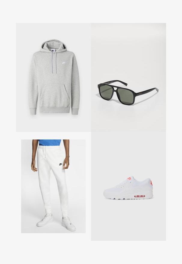 Hanorac gri deschis din material moale, cu buzunar tip cangur, glugă cu șnur și un logo mic alb pe piept.; Pantaloni de jogging albi din material sport, cu talie elastică, șnur și logo-ul Nike negru. Au o textură de țesătură netedă și picioare îngustate.; Adidașii albaștri de sport au o parte superioară netedă, sistem de închidere cu șireturi, talpă cu amortizare și o unitate de aer vizibilă cu accente roșii pe branding.; Ochelari de soare dreptunghiulari negri cu lentile verzi, ramă lucioasă, accesorii metalice și accent logo auriu pe sprijinul lobilor.