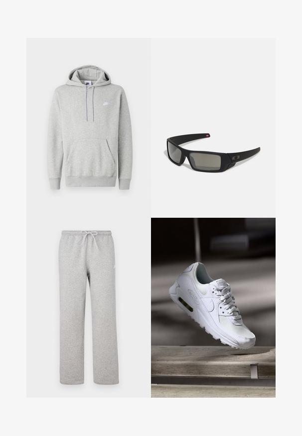 Hanorac gri deschis din material moale, cu buzunar tip cangur, glugă cu șnur și un logo mic alb pe piept.; Pantaloni de trening gri cu talie elastică și șnur. Confecționați dintr-un material moale, au picioare drepte și un detaliu subtil cu logo.; Adidașii Nike Air Max 90 albi, având un superior din plasă și piele, cutie pentru degete perforată și o unitate de aer vizibilă în călcâie.; Ochelari de soare negri cu o finisare mată, lentile dreptunghiulare, curbură ușoară pe bănci, detaliu subtil cu logo și lentile cu tentă fumurie.