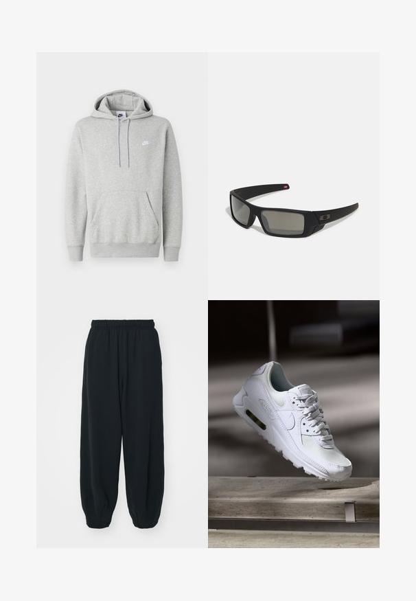Svetlosivá mikina s kapucňou z mäkkej tkaniny, s klokanie vrecko, sťahovacou šnúrkou na kapucni a malým bielym logom na hrudi.; Čierne tepláky s elastickým pásom, vo voľnom strihu, s manžetami na členkoch, hladkej textúry a bez viditeľných vzorov alebo kovových doplnkov.; Biele tenisky Nike Air Max 90 s vrchnou časťou z kože a sieťoviny, perforovanou špičkou a viditeľnou vzduchovou jednotkou v päte.; Čierne slnečné okuliare s matným povrchom, obdĺžnikové šošovky, mierna krivka na straničkách, nenápadný detail loga a šošovky so zafírovaným tónovaním.