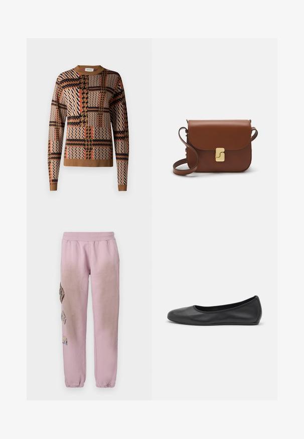Barna mintás pulóver, amely kockás és geometriai mintákat tartalmaz fekete, piros és krém színekben. Ribbelttel ellátott nyakkal és aljjal készült.; Fehér, rövid ujjú póló ribbed anyagból. Kerek nyakkivágás, normál szabás és diszkrét varrási részletek. Nincsenek minták vagy grafikák.; Rózsaszín melegítőnadrág elasztikus derékkal, bal oldalon gyémánt alakú dekoratív foltokkal és elasztikus szárakkal az bokákon.; Fekete bőr balettcipő lekerekített orral, sima tekstúrával, minimális varrással és rugalmas talp kialakítással.; Barna bőr kézitáska, hajtókás zárással, arany színű fém kiegészítőkkel, vállpánttal és sima felülettel. Kompakt téglalap alakú.