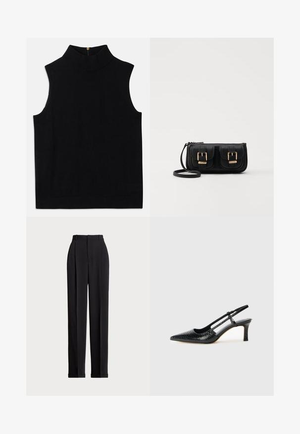 Zwarte mouwloze coltrui gemaakt van zacht materiaal, met een hoge kraag en een rits aan de achterkant. Eenvoudig ontwerp zonder patronen of accenten.; Zwarte op maat gemaakte broek met een hoge taille, voorzien van plooien aan de voorkant, een recht gesneden ontwerp en een omslagrand. Gemaakt van een soepele stof.; Zwart patent slingback hak met een spitse neus, voorzien van een gestructureerde slangenprint, verstelbare band en een korte, gestructureerde blokhak.; Zwarte leren schoudertas met twee vo pockets, gouden gespen, ritsluiting en een smalle band. Tekstuur oppervlak en compacte rechthoekige vorm.