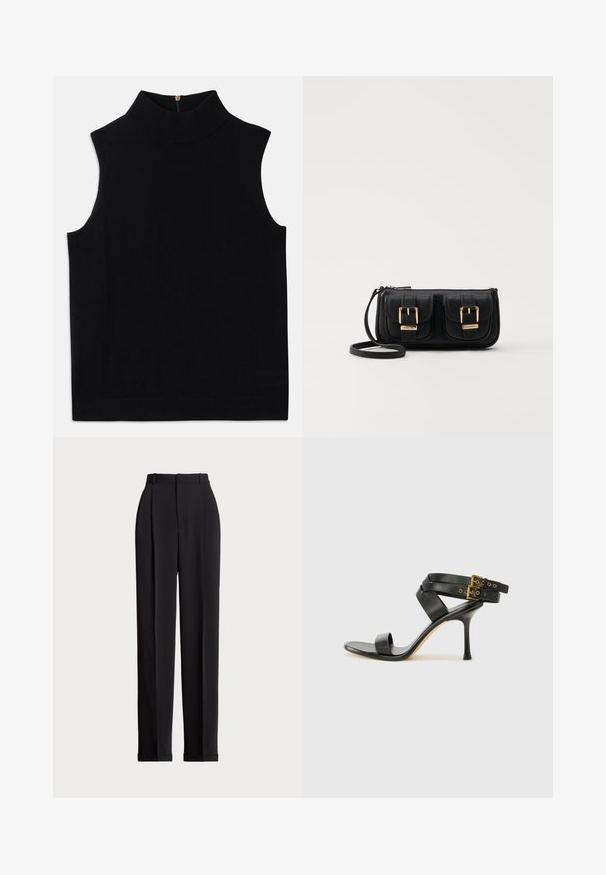 Mustast ilma varrukat turtleneck topist, mis on valmistatud pehmest materjalist, kõrge kraega ja seljas tõmbekindla lukuga. Lihtne disain, ilma mustrite või aktsentideta.; Mustad kohandatud püksid kõrge vöökohtaga, ees plisseeritud, sirge sääre disainiga ja mansetiga hem. Valmistatud sileda kangaga.; Mustad mustand koos ristatud rihmade ja reguleeritava pandlaga. Omab siledat tekstuuri ja kitsenevat stiletto kontsa.; Must küllastamata nahast õlakott, millel on kaks esist nähtavat taskut, kuldsed pandlad, tõmblukuga sulgemine ja peen rihm. Tekstuuriga pind ja kompaktne ristkülikukujuline kuju.