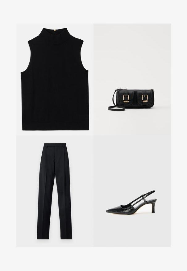 Fekete ujjatlan garbó felső puha anyagból, magas gallérral és hátsó cipzárral. Egyszerű dizájn, minta vagy díszítés nélkül.; Fekete nadrág sima anyagból, magas derékkal, széles lábakkal, elülső redőkkel és klasszikus övhurkokkal. Oldalzsebek nem láthatók.; Fekete lakk slingback sarok, hegyes orral, texturált kígyómintával, állítható pánttal és rövid, texturált tömbsarkal.; Fekete bőr keresztbody táska két elülső zsebbel, arany csattokkal, cipzáras záródással és vékony pánttal. Textúrált felület és kompakt téglalap alak.