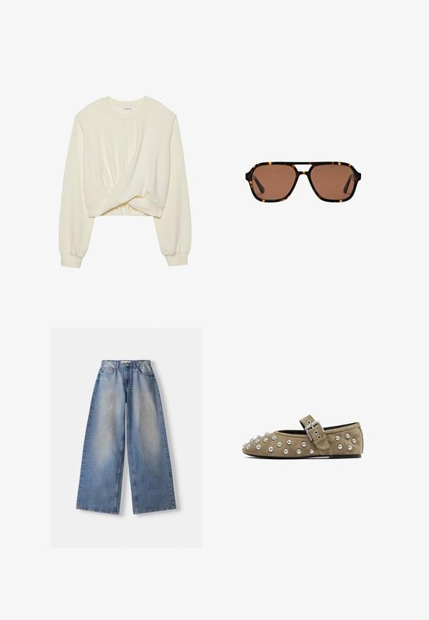 Krémová, zkrácená mikina s dlouhými, přiléhavými rukávy. Na přední straně má detail ve tvaru twistu a žebrovaný lem. Měkká, hladká textura.; Džíny z modrého denimového materiálu s širokými nohavicemi a vysokým pasem, s vybledlými detaily, položené na bílém pozadí.; Semišové baleríny v taupe barvě s kovovými cvočky přes špičku a koženým páskem s kovovou sponou. Kulatá špička a plochá podrážka.; Hnědé obdélníkové sluneční brýle s želvovinovým rámem a dvojitým mostem na bílém pozadí.; Bílá syntetická kabelka v trojúhelníkovém tvaru, s plochým předním klopným víkem a detailem mašle, nastavitelným popruhem, hladkým povrchem a minimalistickým designem.