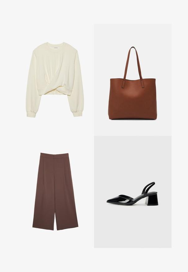 Krémový, skrátený sveter s dlhými, priliehavými rukávmi. Obsahuje detail v tvare špirály na prednej strane a rebrovaný lem. Mäkká, hladká textúra.; Hnedé nohavice so širokými nohavicami a hladkou textúrou, s vysokým pásom a prednými skladmi. Tkanina je ľahká a voľne sa pohybuje.; Čierne lakované kožené sandálové podpätky s špicatou špičkou a geometrickým blokovým podpätkom. Disponujú elegantným, minimalistickým dizajnom a hladkým povrchom.; Hnedá kožená taška na rameno s hladkou textúrou, otvoreným vrchom a dvoma ramenými popruhmi. Má minimálne šitia a žiadne viditeľné kovania.
